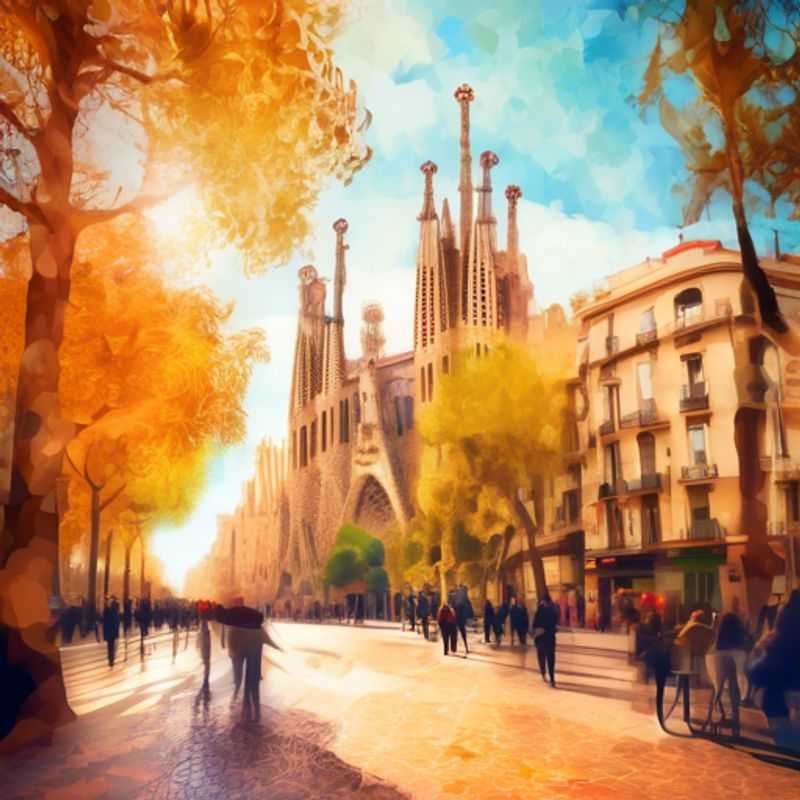 A solo luxury eco-tourist exploring the vibrant streets of Barcelona, Spain, surrounded by colorful autumn leaves, as they savor local cuisine and embrace the city’s rich culture during a 24-hour fall adventure.