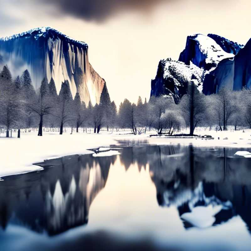 Two couples, The Luxury Weekend Travelers, marveling at the breathtaking winter landscape of Yosemite National Park, USA, surrounded by majestic snow-covered cliffs and serene frozen waterfalls during their two-week adventure.