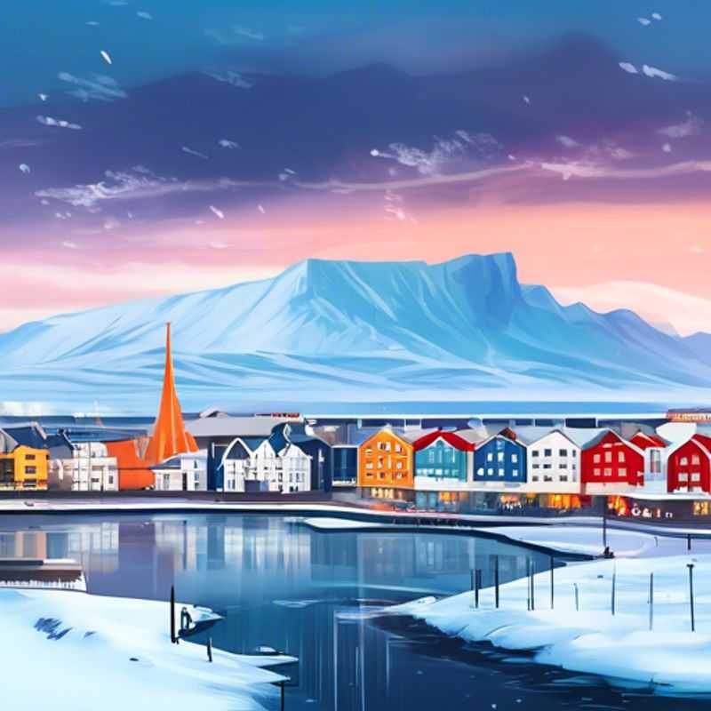 A luxury eco-tourist marveling at the stunning winter landscapes of Reykjavik, Iceland, surrounded by snow-covered mountains and the enchanting glow of the Northern Lights during a 5-day solo adventure.