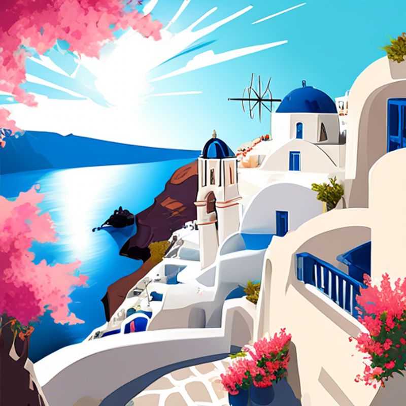 Three couples, the epitome of the Luxury Romantic Traveler, immersed in the captivating allure of Santorini's iconic whitewashed buildings and azure blue domes, set against the dramatic backdrop of the Aegean Sea, during their 3-week spring sojourn.